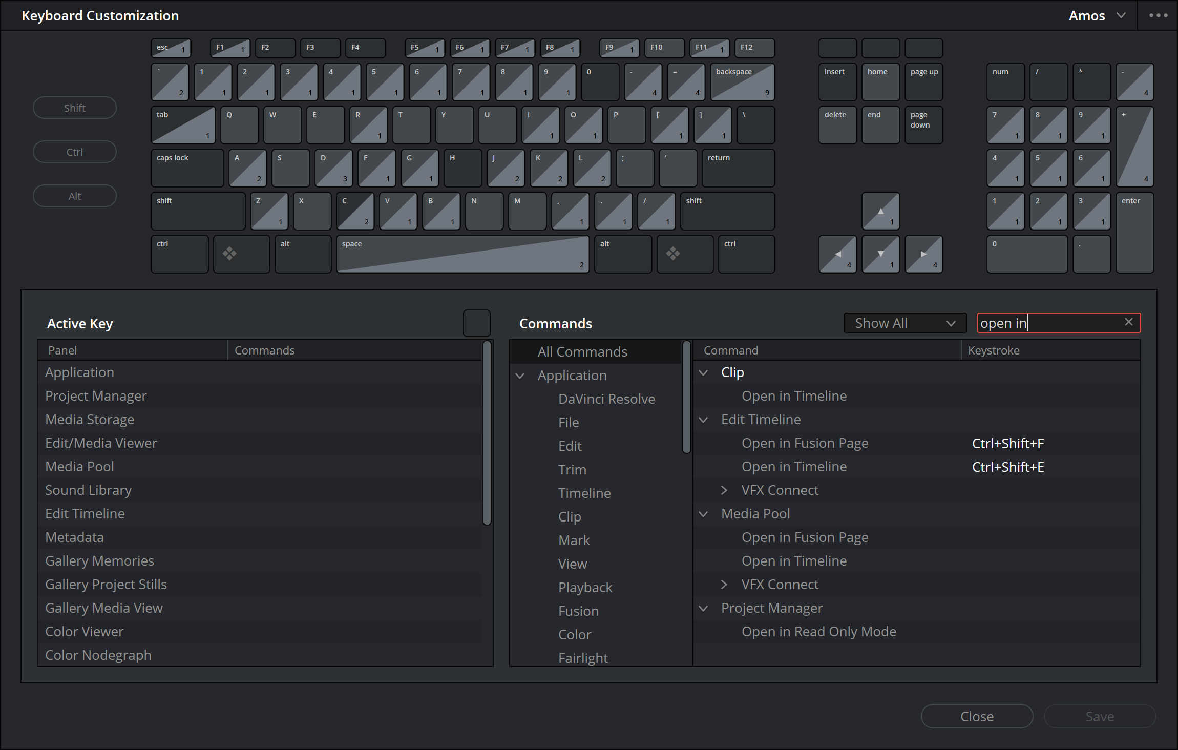 My keyboard customizations in Resolve
