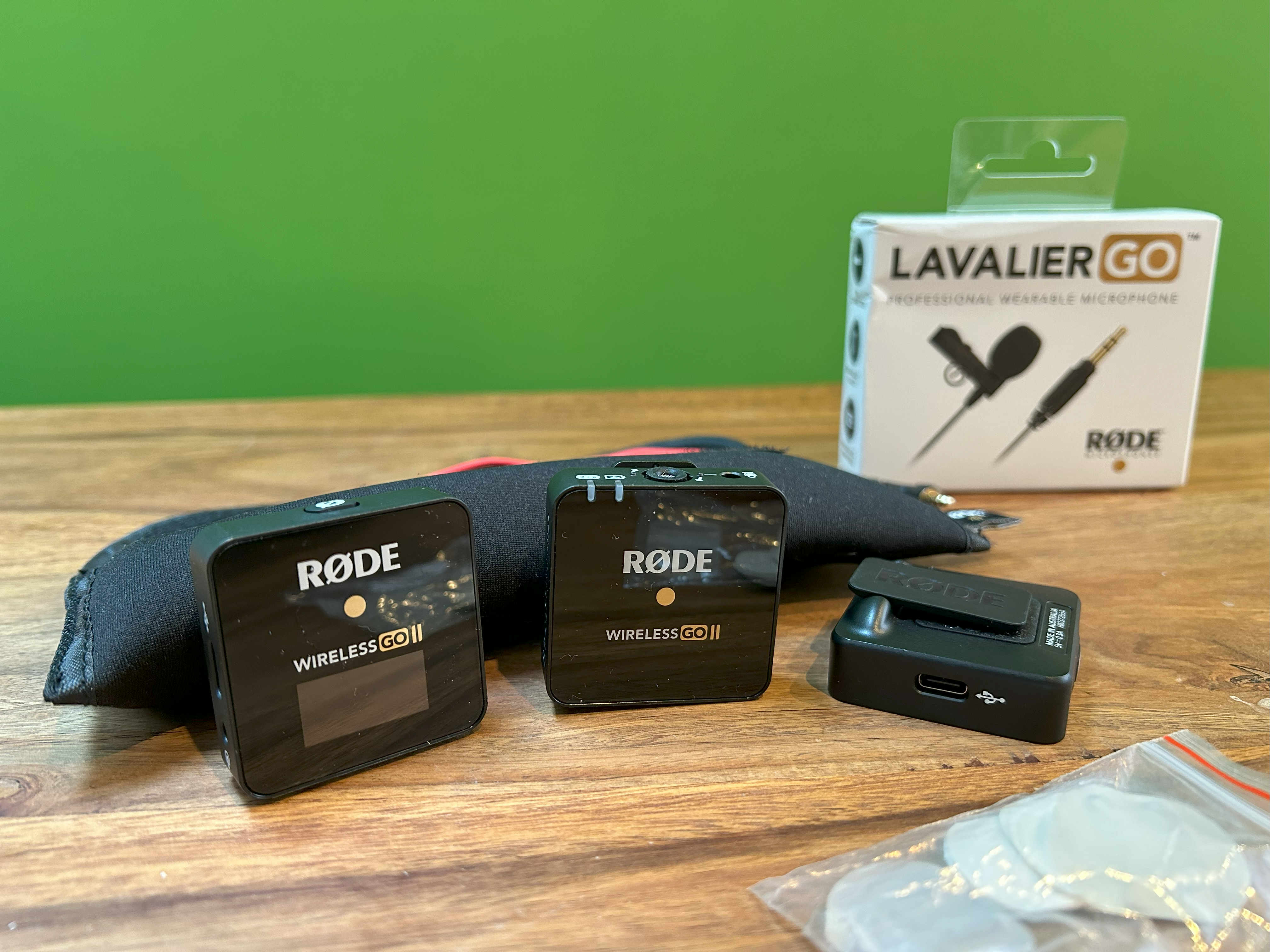 A Rode Wireless Go II kit, with a Lavalier Go in the background