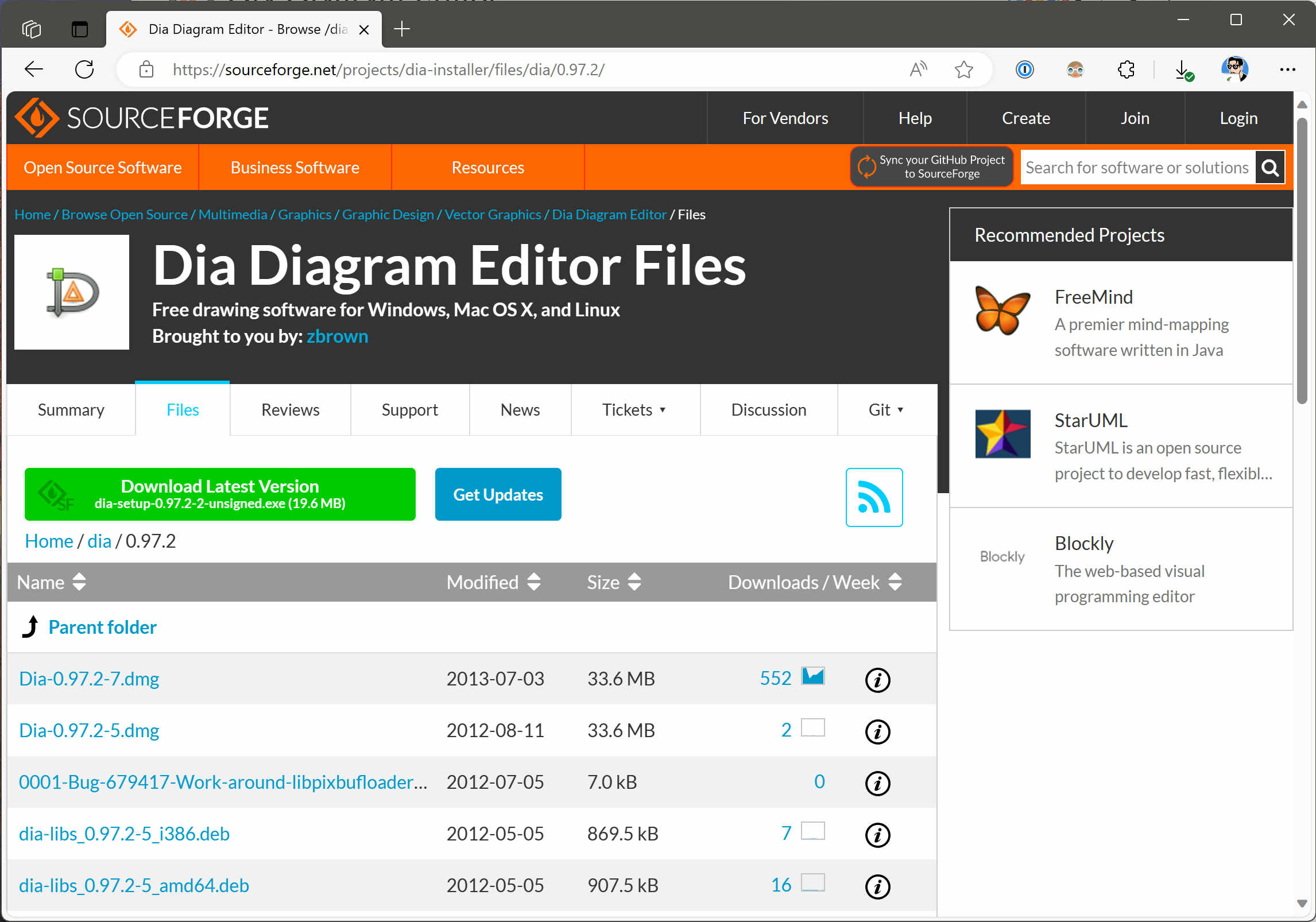 Screenshot of dia 0.97.2's release on SourceForge