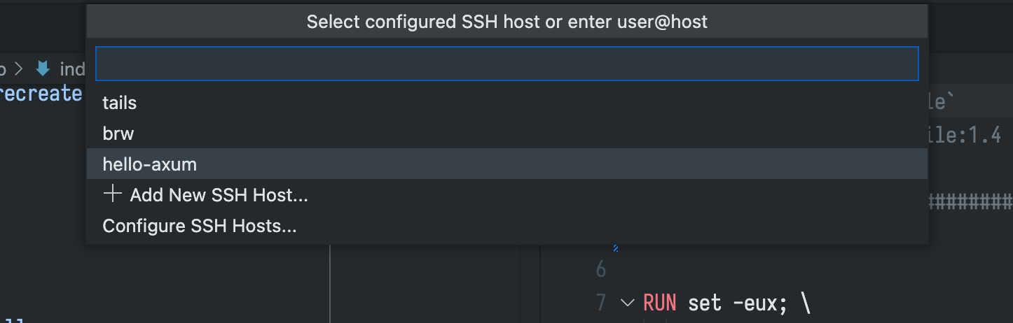 vscode's SSH picker, showing three hosts: tails, brw, and hello-axum