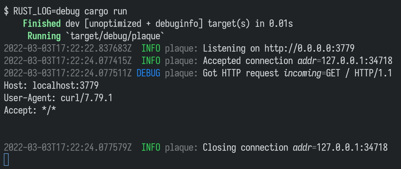 A screenshot of my terminal showing tracing-subscriber output: timestamps are grey, INFO is green, DEBUG is blue. Span attribute names are in italics