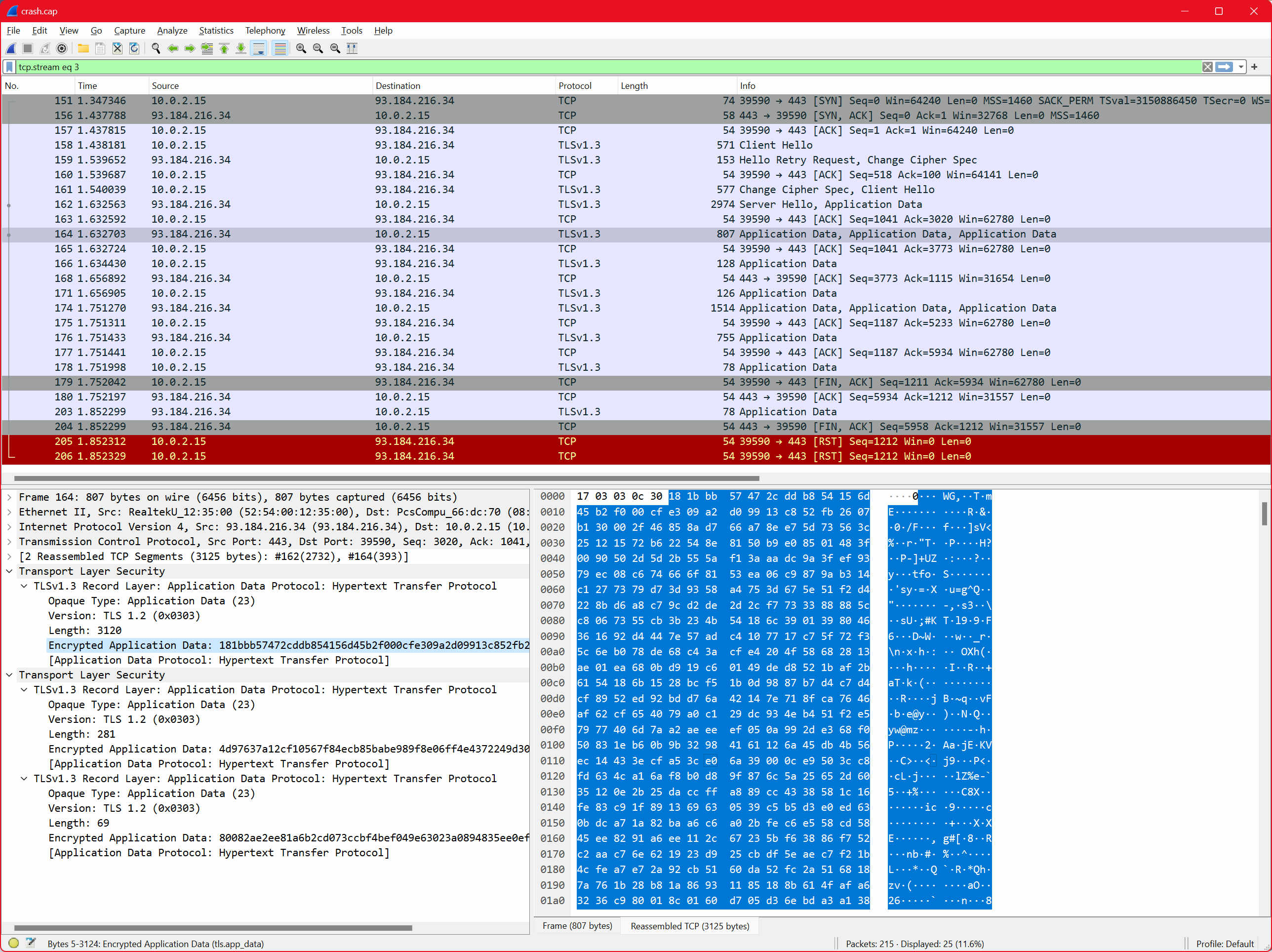 The same wireshark window, except one of the Application Data lines is focused. The structured pane shows a TLSv1.3 record layer with encrypted application data. No attempt is made at decrypting it.