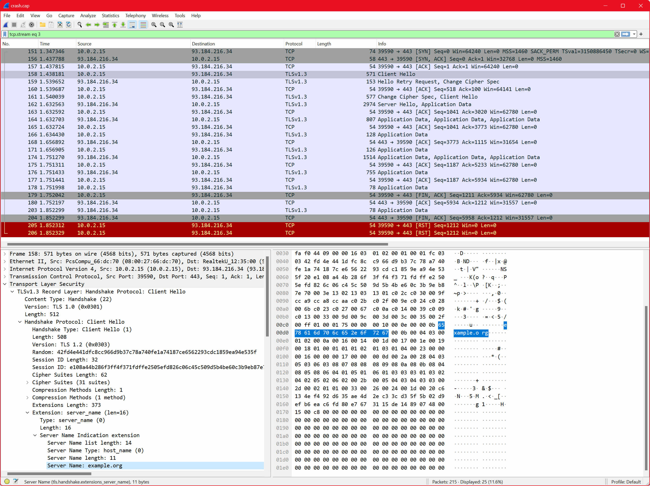 A TCP stream viewed in wireshark. The contents are explained in the next paragraph.