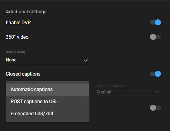 YouTube live captions settings: closed captions is expanded and shows Automatic captions, POST captions to URL, or Embedded 608/708
