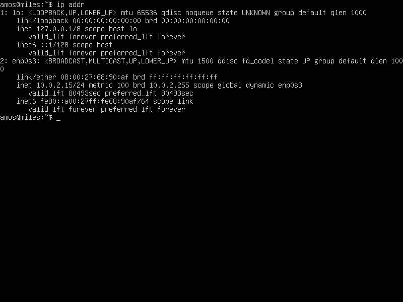The ip addr command output, run in VirtualBox